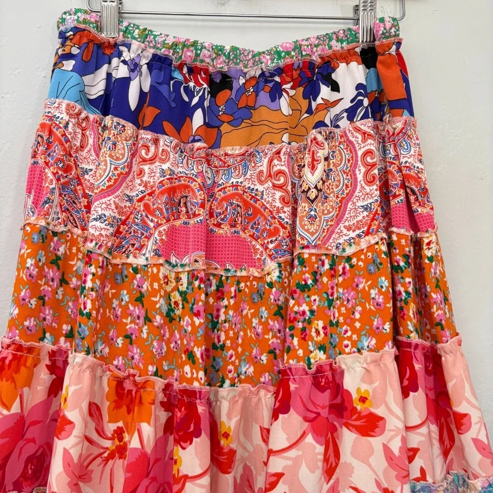 White Burch Floral Maxi Skirt Women Large Multicolor Tiered Gypsy Pull On Flaw - Picture 10 of 14